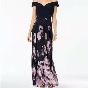 XSCAPE Navy Floral Pleated Off Shoulder Dress